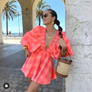 Sundress Alicia Romper V-Neck Puff Sleeve in Gingham Neon Coral XS/S NEW
